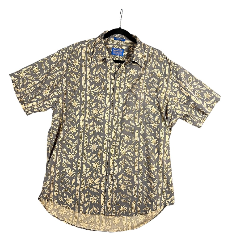 Pendleton Mens Large Grey Botanical Print Cotton Rayon Short Sleeve Button Shirt